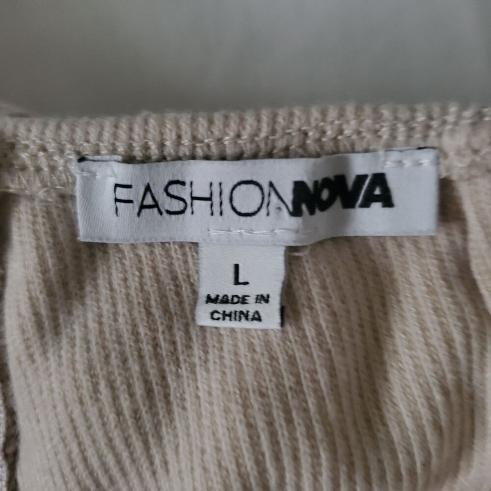 Fashion Nova Beige Bandeau Top‎ Corset-Style Back Flare Leg Jumpsuit Size Large - Picture 9 of 12